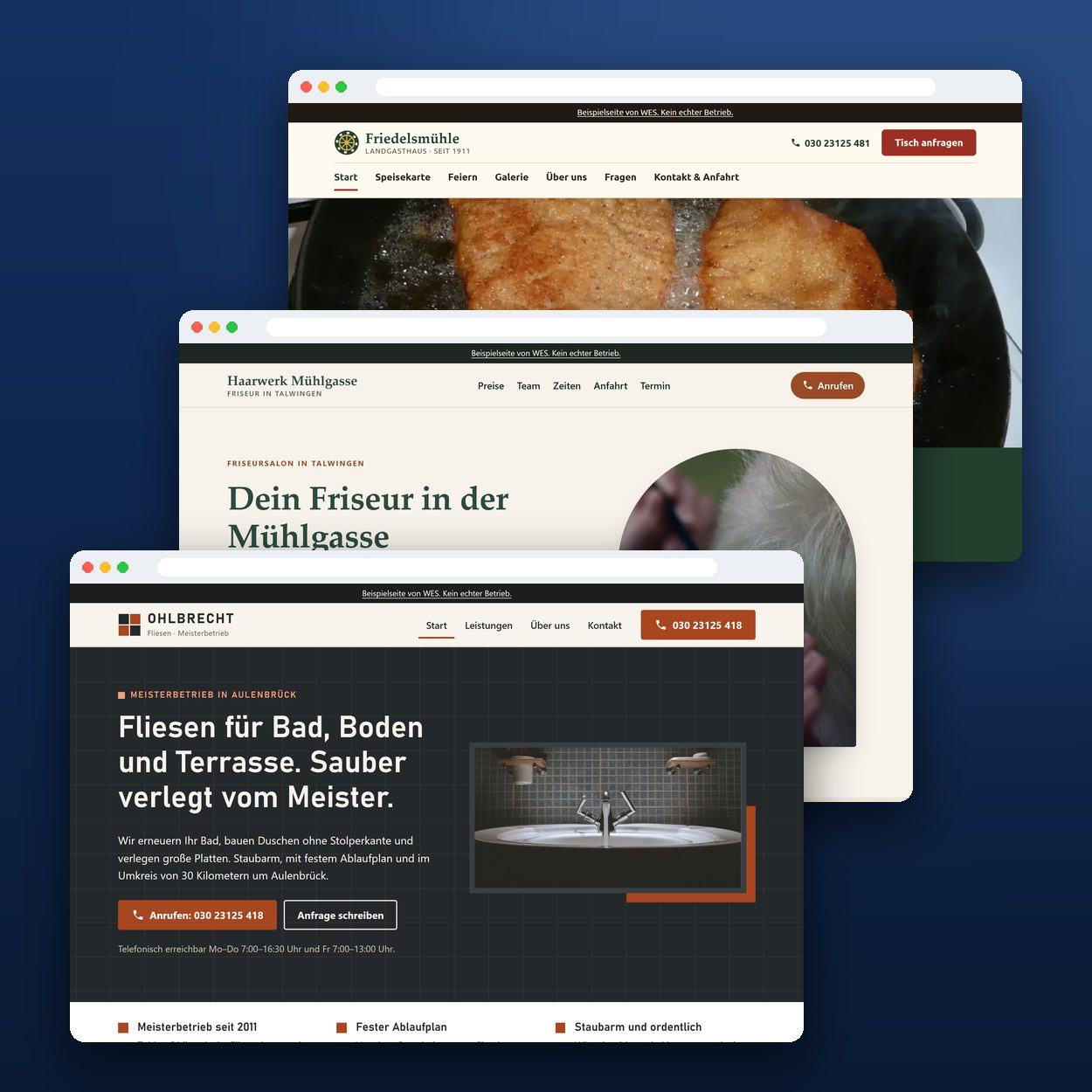 Drei Beispiel-Websites für Handwerk, Friseur und Gastronomie, gebaut von WES